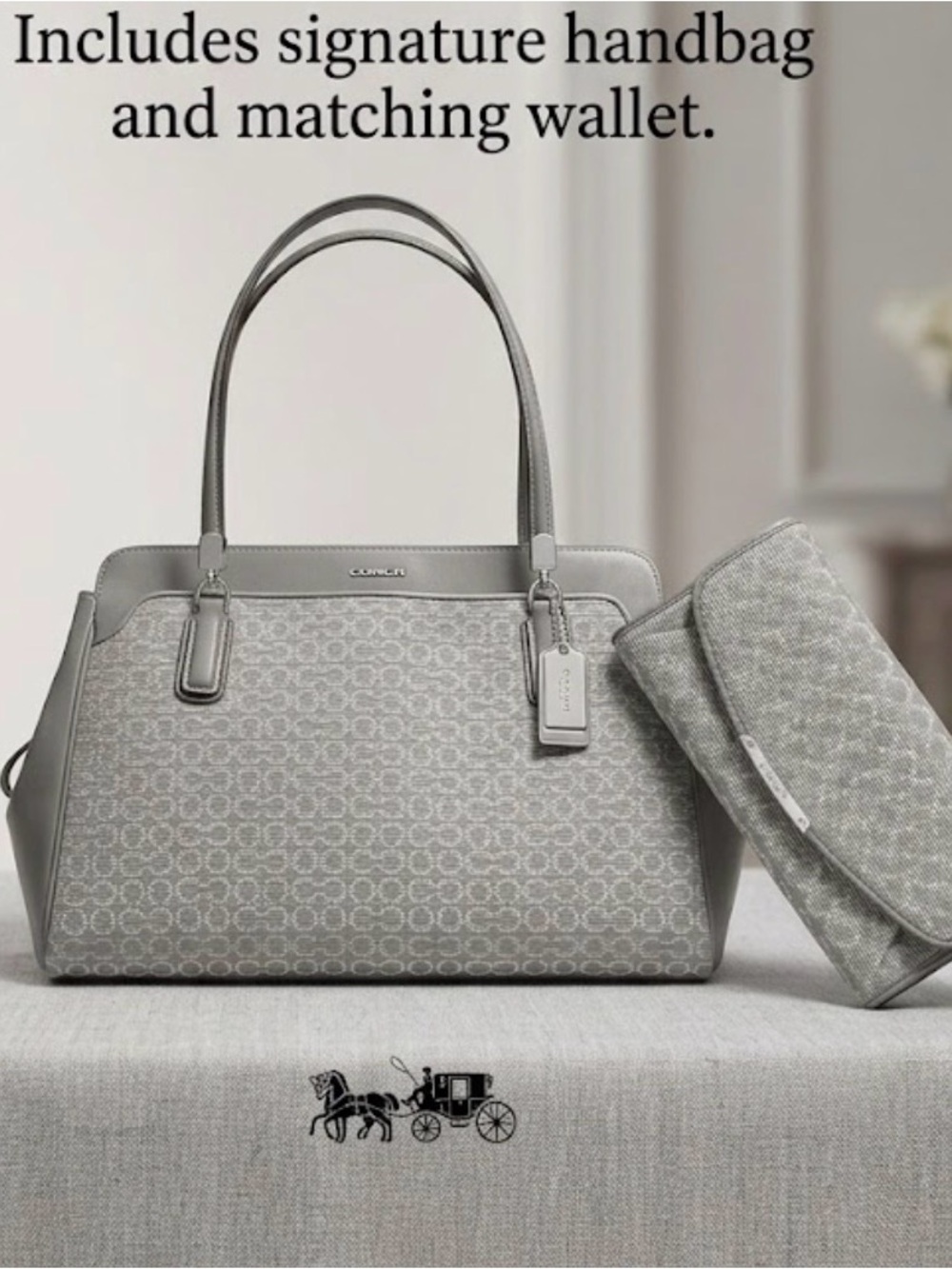 Coach Madison Needlepoint Kimberly Carryall Gray Canvas Leather Bag & Wallet EUC